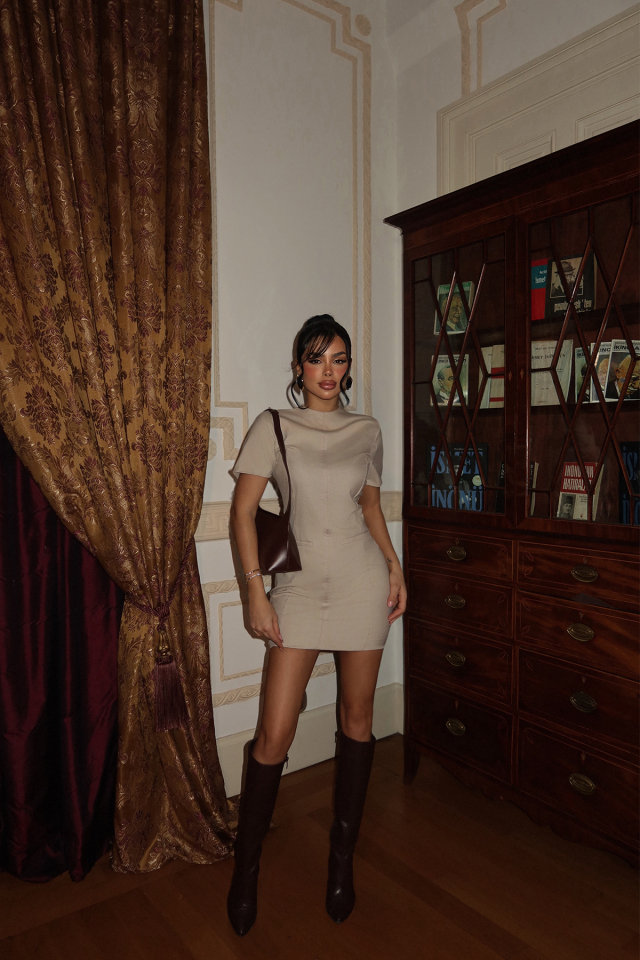 Krem Tiya Mini Elbise ATE-2098 - EYYO