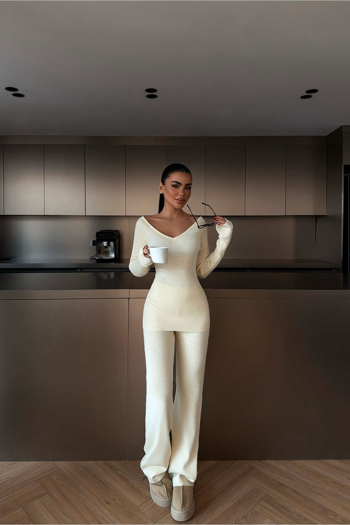 Krem Bowie triko takım ATE-4273
