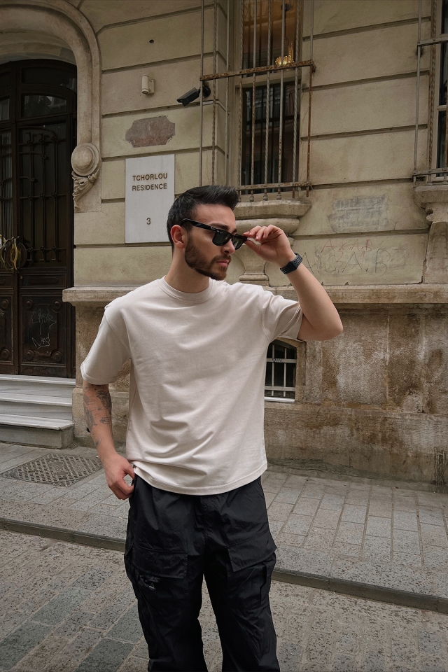 Krem Oversize Tişört ATE5138 - EYYO