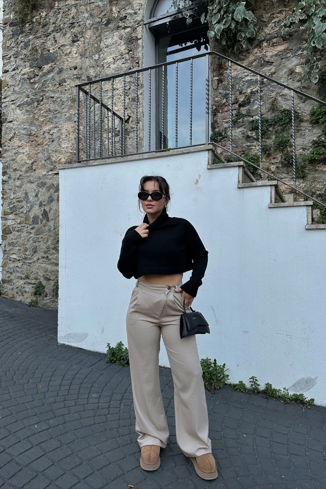 Krem Palazzo Çapraz Düğmeli Pantolon ATE3463 - EYYO