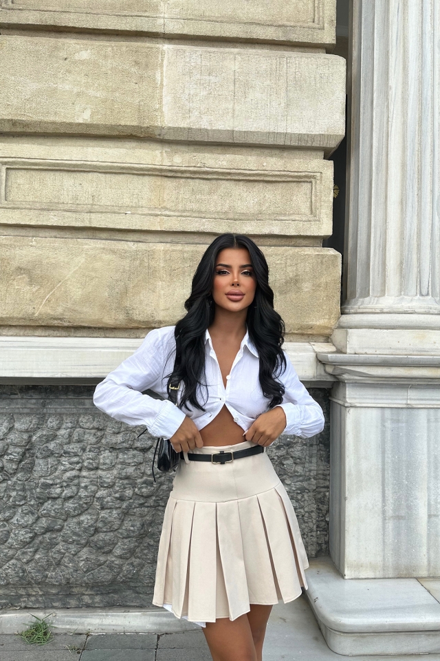 Krem Pileli Mini Etek ATE3835