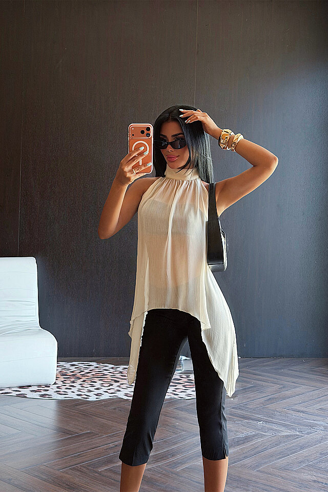 Krem Tül Detay Crop Top 