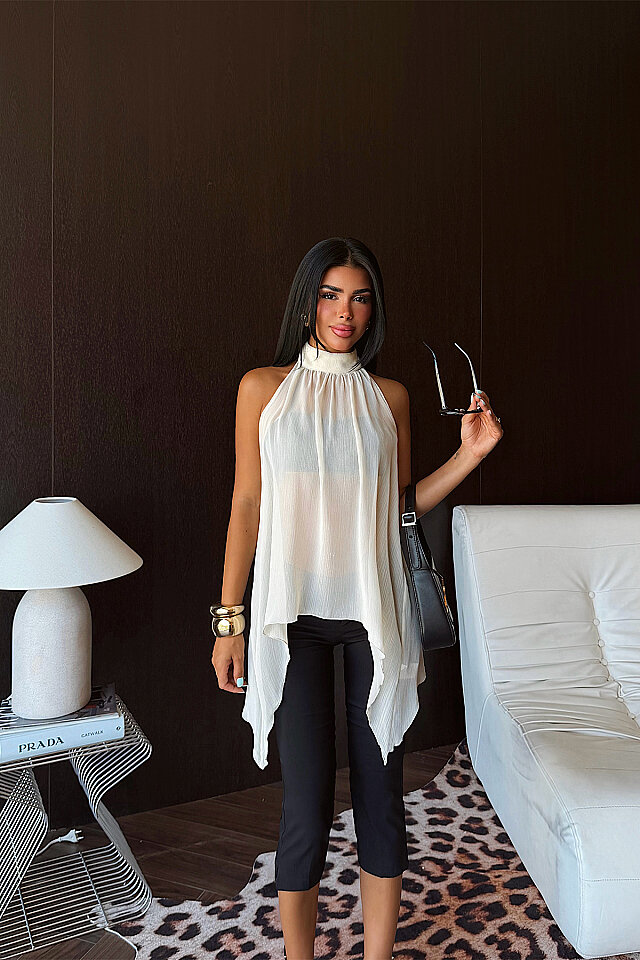 Krem Tül Detay Crop Top 