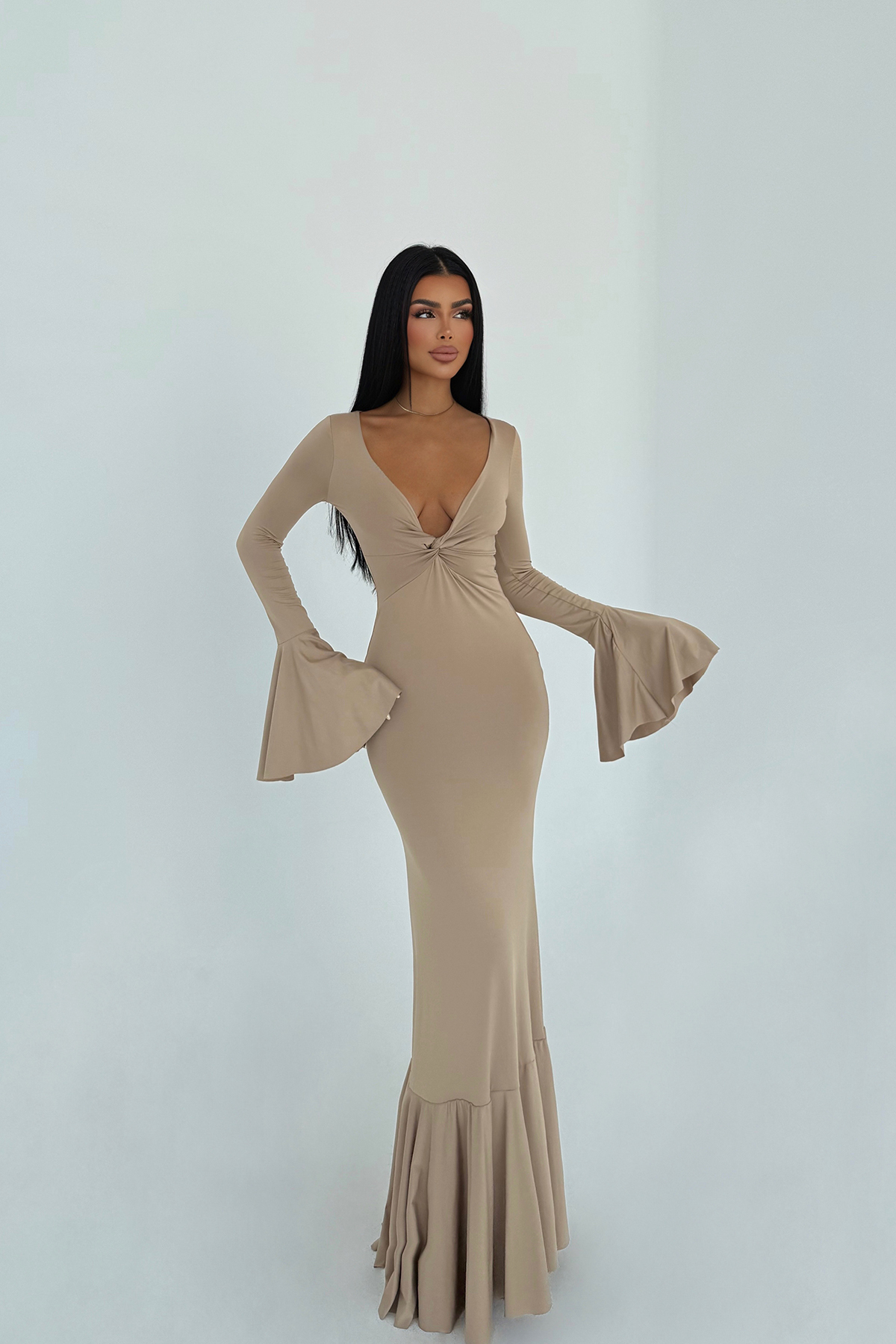 Krem Lai Uzun Elbise ATE-3097