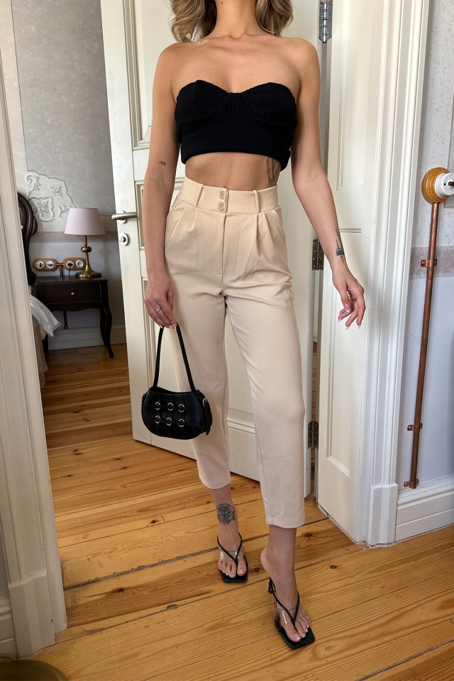 Krem Yüksek Bel Mom Pantolon ATE6290
