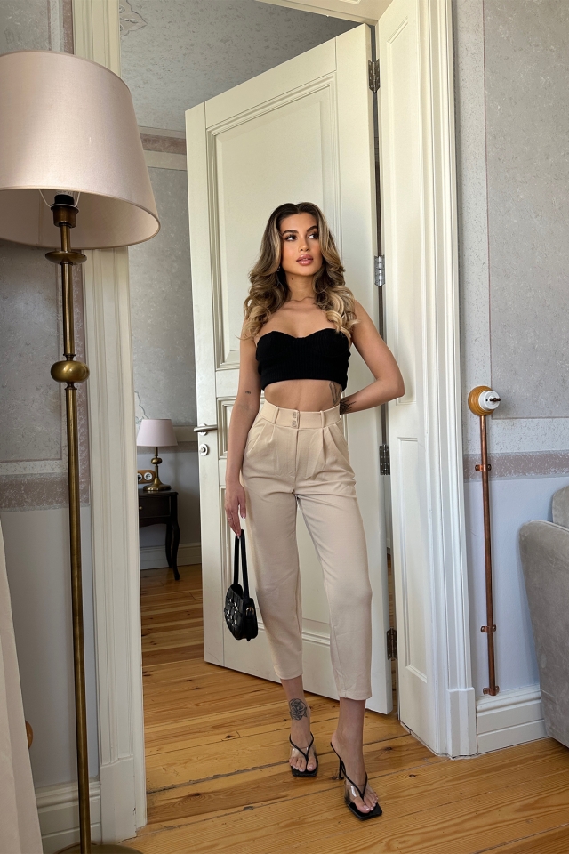 Krem Yüksek Bel Mom Pantolon ATE6290