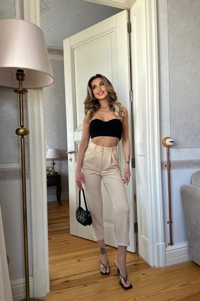 Krem Yüksek Bel Mom Pantolon ATE6290
