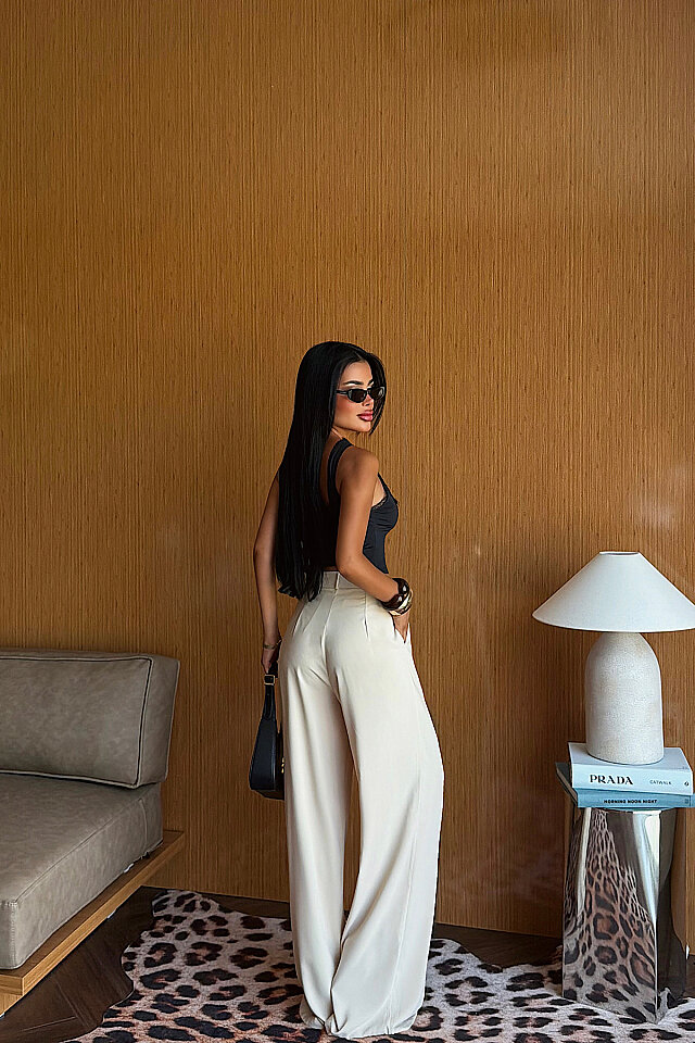 Krem Yüksek Bel Pantolon ATE-6037
