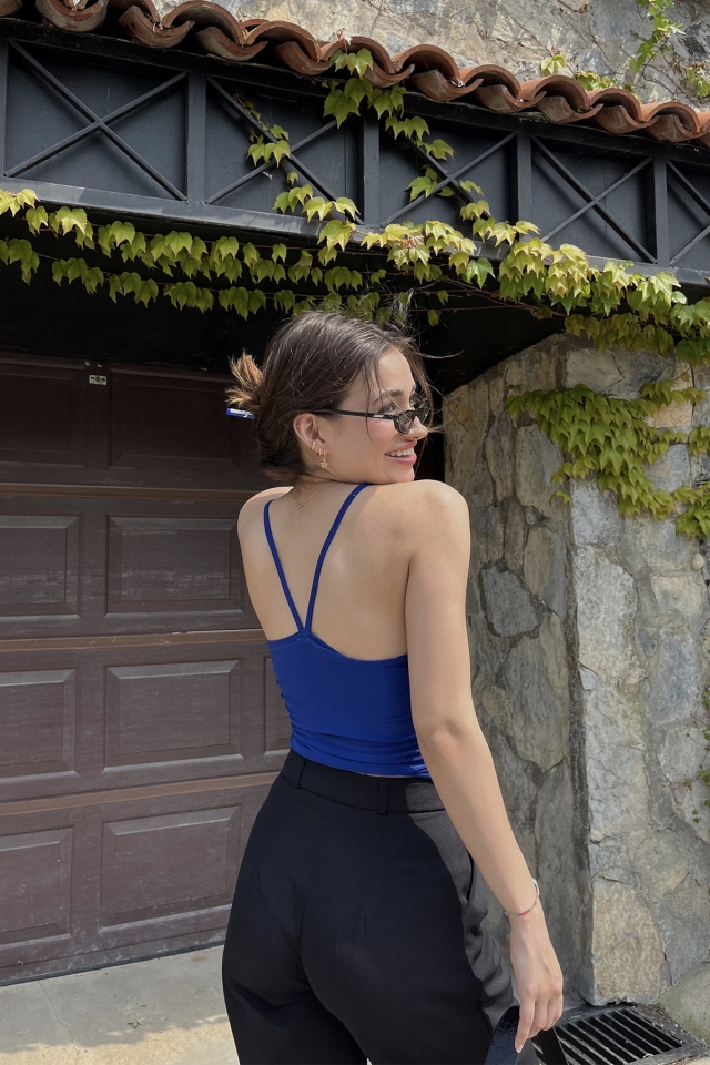 Lacivert Önü Büzgülü Crop Top ATE6484