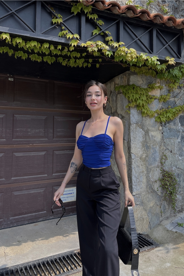 Lacivert Önü Büzgülü Crop Top ATE6484