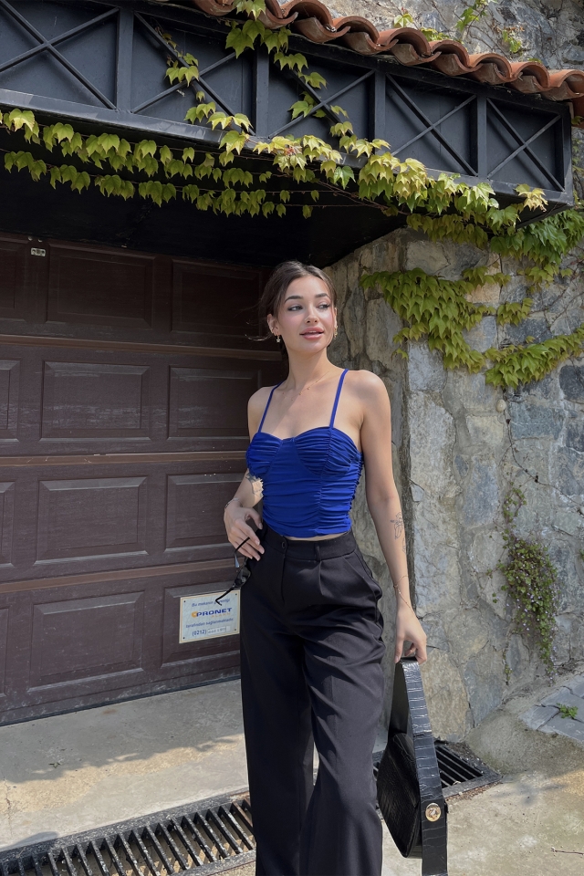 Lacivert Önü Büzgülü Crop Top ATE6484
