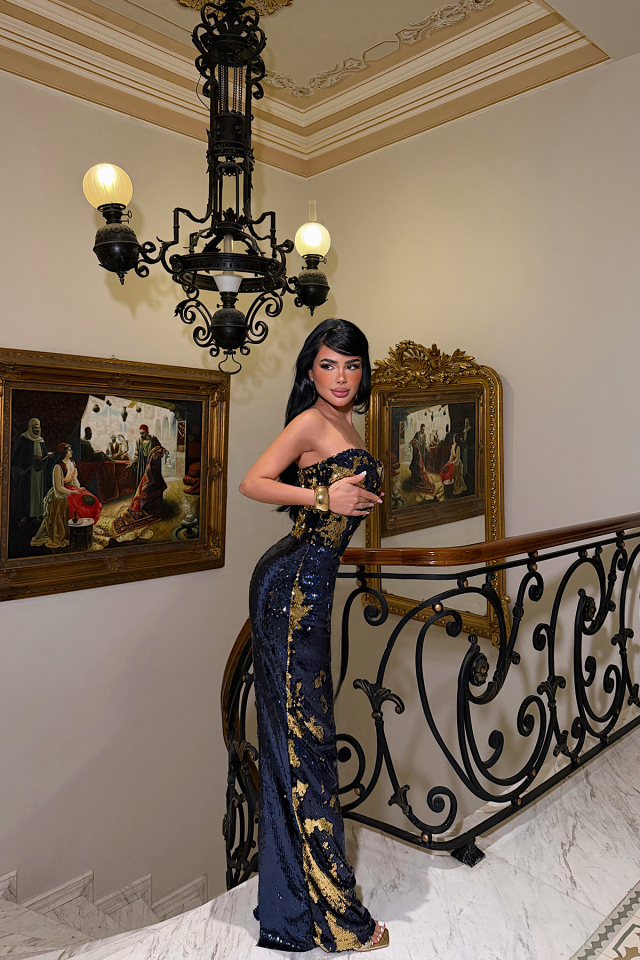 Lacivert Rococo Uzun Payetli Elbise