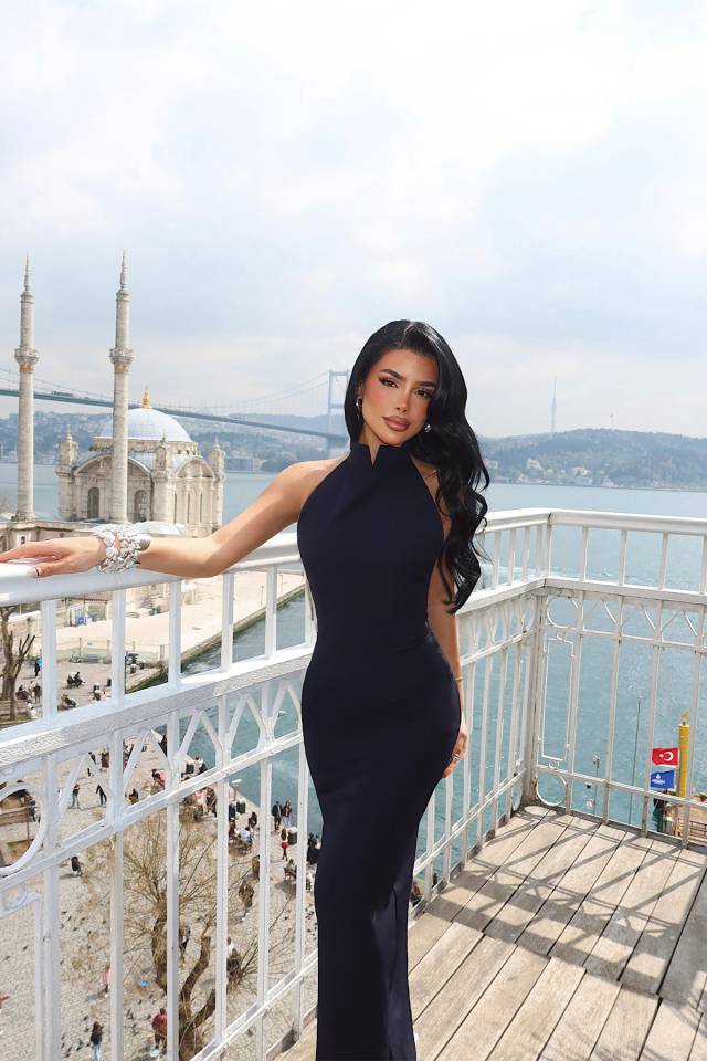 Lacivert  Doria Uzun Elbise ATE-3621