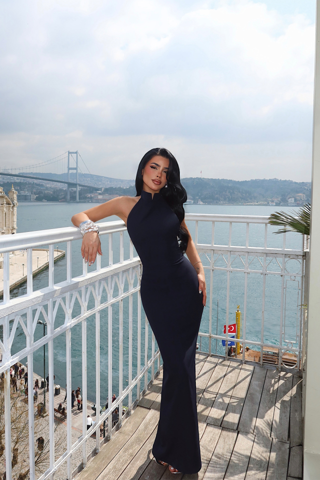 Lacivert  Doria Uzun Elbise ATE-3621