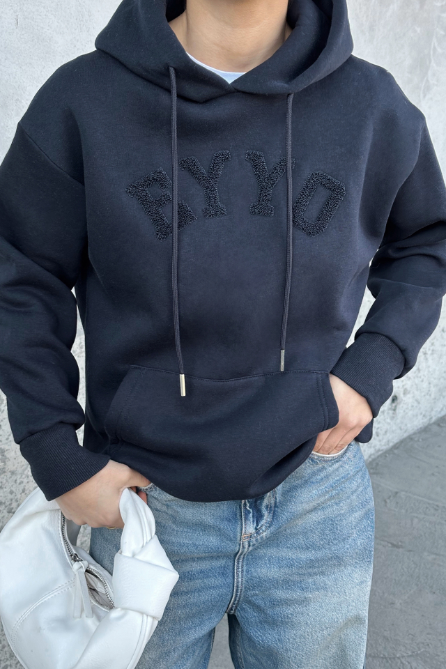 Lacivert Eyyo Nakışlı Kapşonlu Sweat ATE-0801