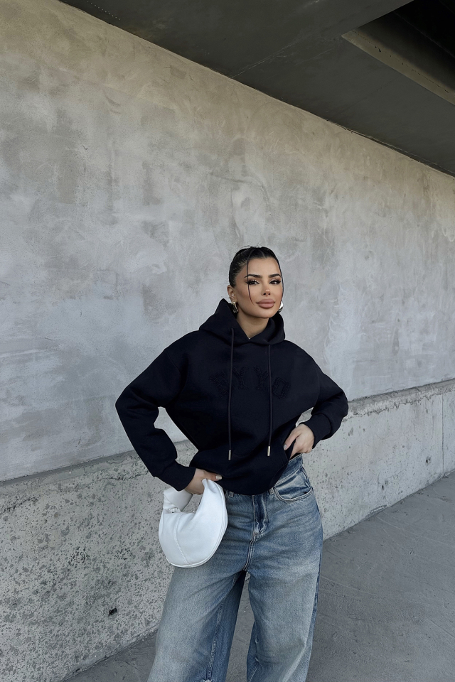 Lacivert Eyyo Nakışlı Kapşonlu Sweat ATE-0801