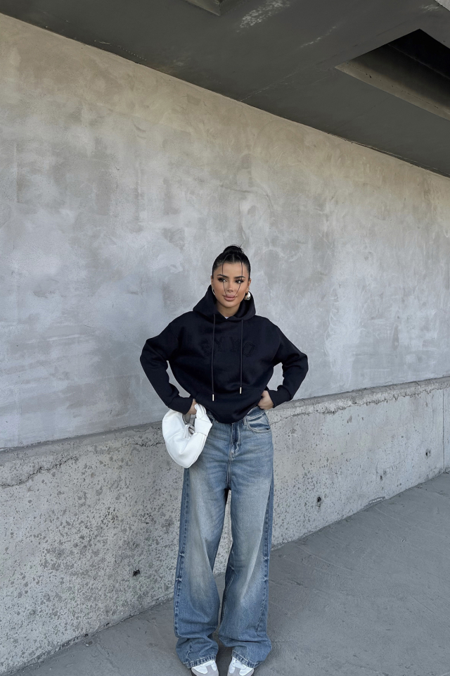 Lacivert Eyyo Nakışlı Kapşonlu Sweat ATE-0801