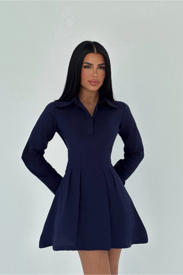 Lacivert Gömlek Yaka Mini Elbise ATE-2254 - EYYO
