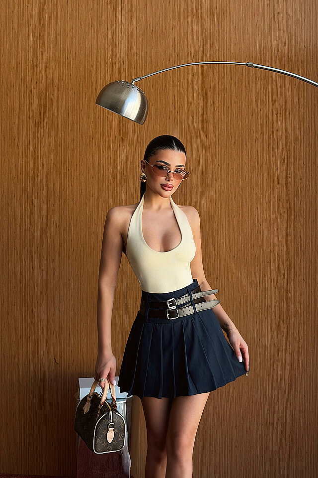 Lacivert Sinatra Çift Kemerli Mini Etek