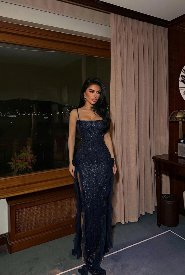 Lacivert Paxton Payetli Uzun Yırtmaçlı Elbise ATE-2616 - EYYO