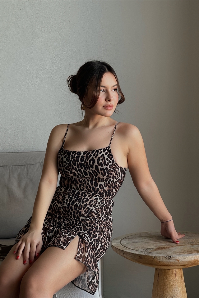 Rachel Leopar Askılı Mini Elbise R101 - EYYO