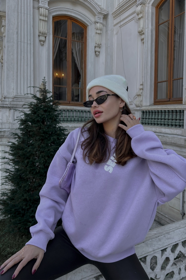 Lila Oversize Yazılı Sweat ATE3231