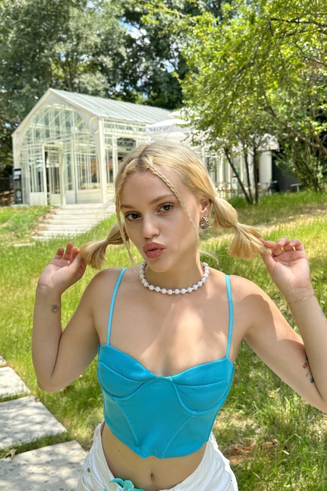 Mavi Askılı Fitilli Crop Top