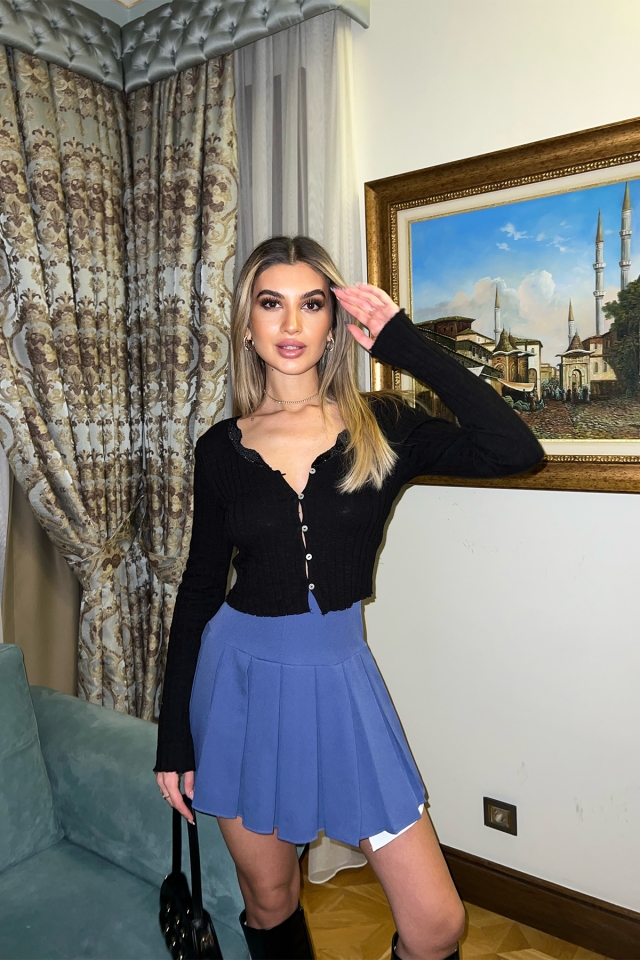 Mavi Pileli Mini Etek ATE3789