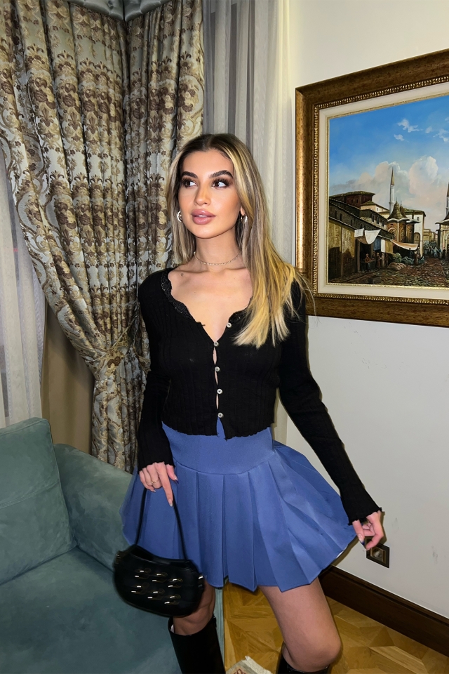 Mavi Pileli Mini Etek ATE3789