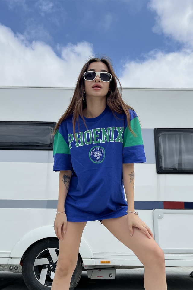 Mavi Baskılı Oversize Tişört