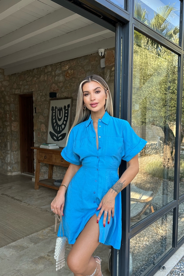 Mavi Cep Detay Önü Düğmeli Elbise ATE8047 - EYYO