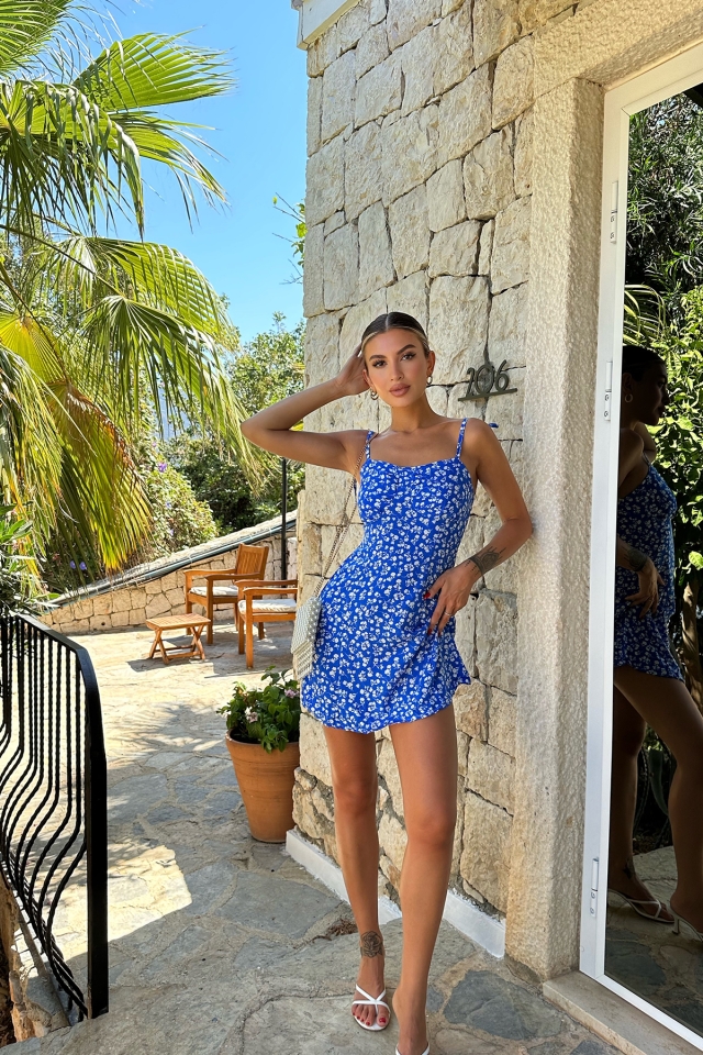 Mavi Çiçekli Mini Elbise ATE7784