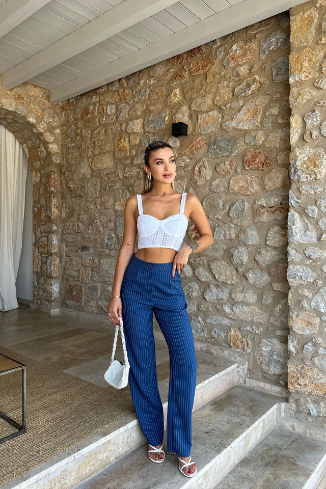 Mavi Çizgili Yüksek Bel Pantolon