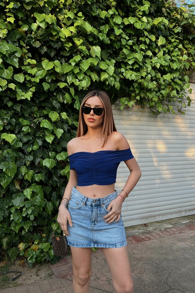 Mavi Düşük Kol Crop Top