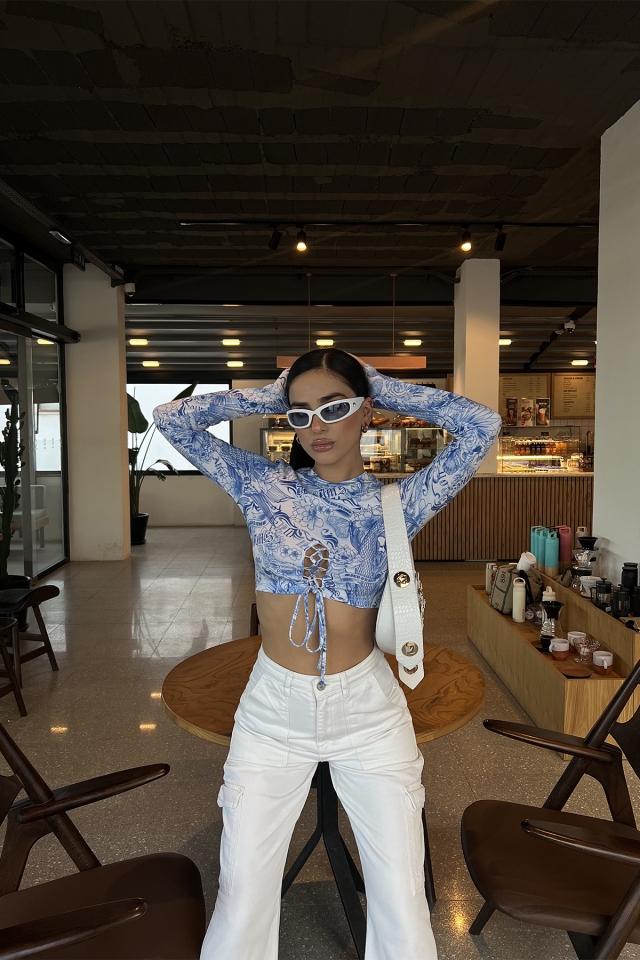 Mavi Önden Bağlamalı Crop Top ATE3343