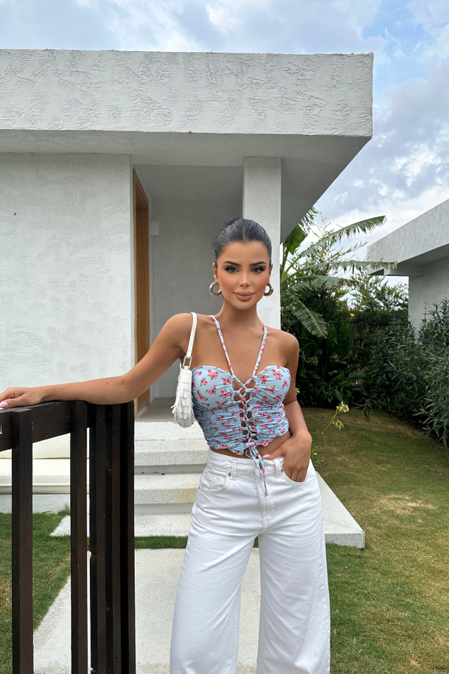 Mavi Önden Bağlamalı Crop Top ATE7888