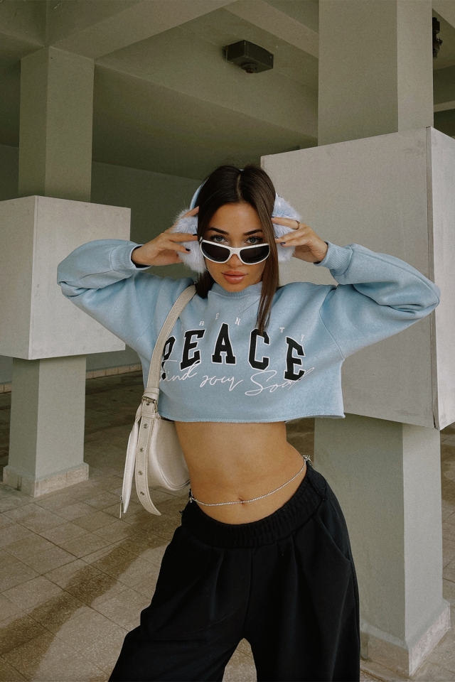 Mavi Önü Baskılı Crop Top ATE3445