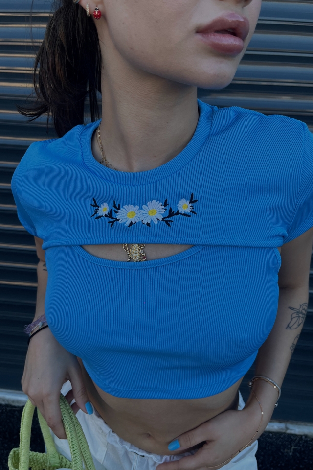 Mavi Önü Baskılı Crop Top ATE4960