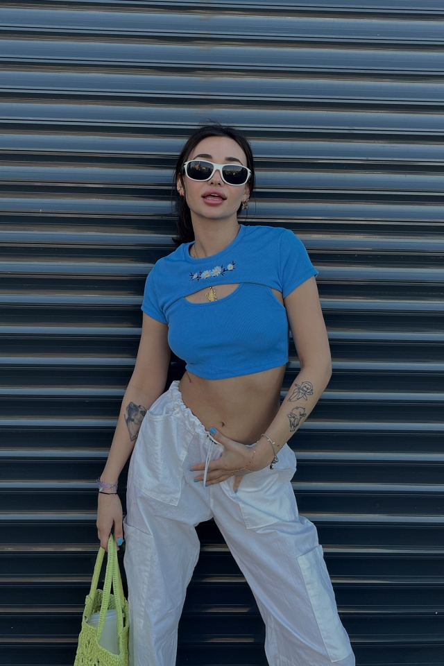 Mavi Önü Baskılı Crop Top ATE4960