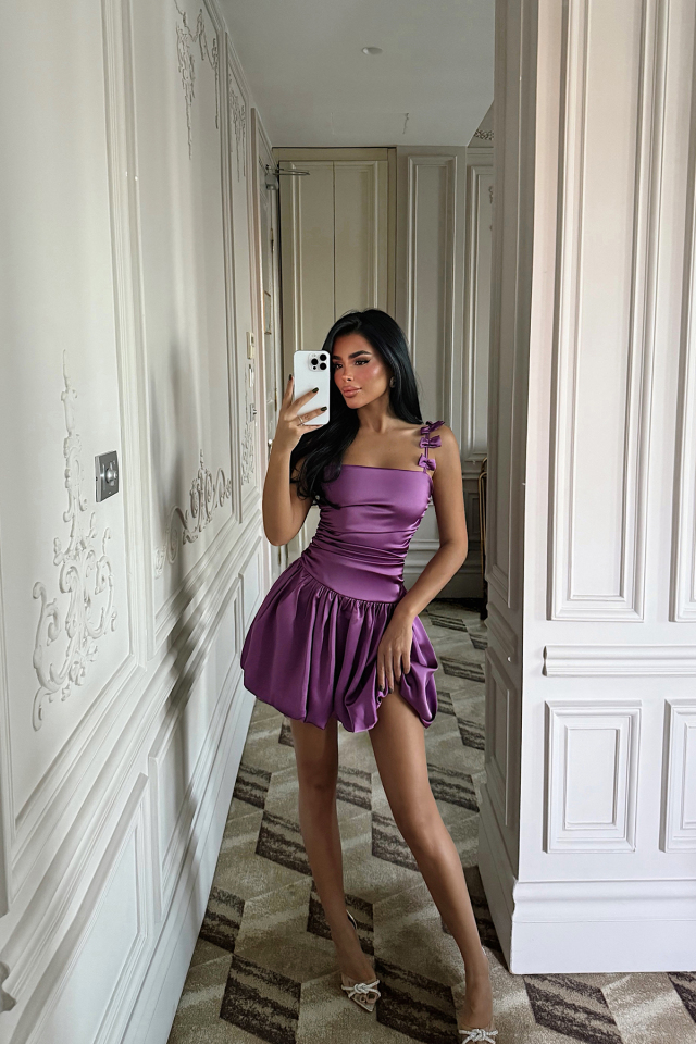 Mor Cecilia Askısı Fiyonk Detaylı Mini Balon Elbise ATE-3339 - EYYO