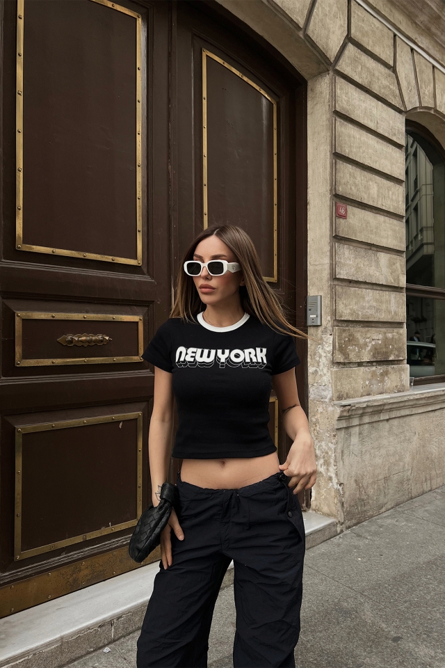 New York Baskılı Crop Top ATE4148 - DONT FASHİON