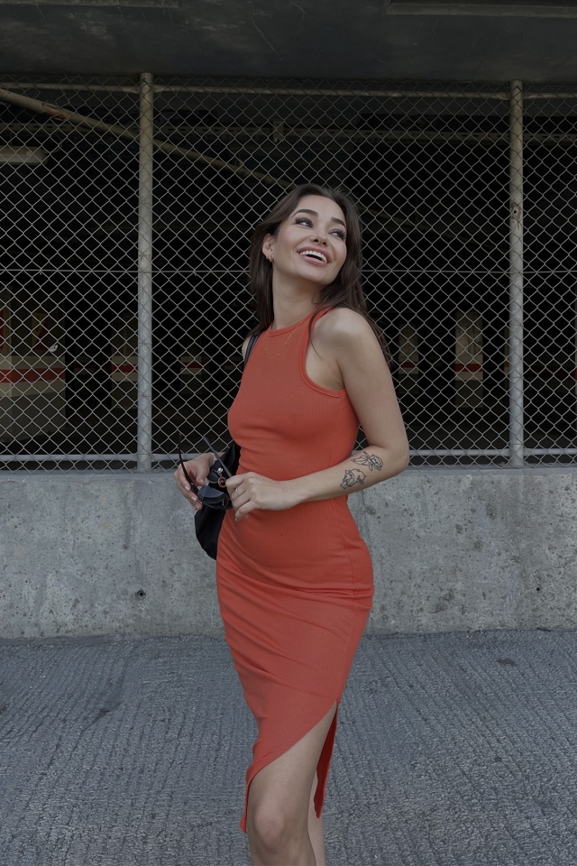 Orange Slit Detail Long Dress ATE4315