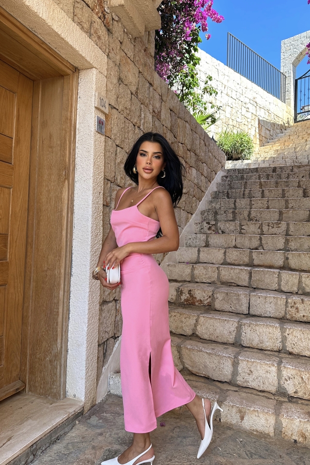 Pembe Askılı Uzun Elbise ATE7682