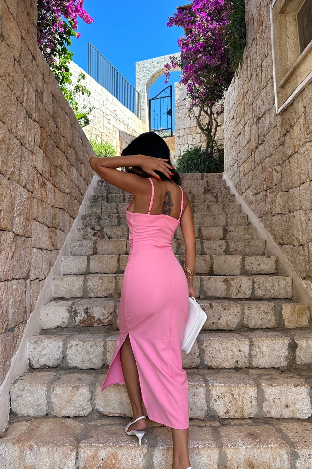 Pembe Askılı Uzun Elbise ATE7682