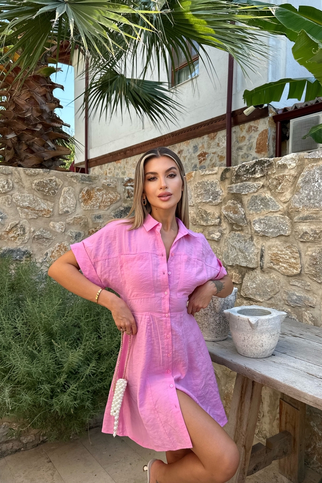 Pembe Cep Detay Önü Düğmeli Elbise ATE8093