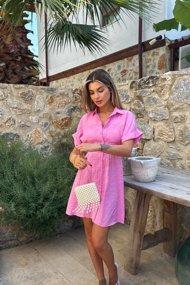 Pembe Cep Detay Önü Düğmeli Elbise ATE8093