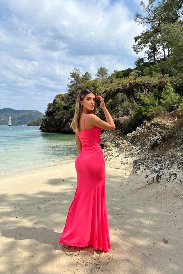 Pembe Derin Yırtmaçlı Askılı Elbise ATE6578