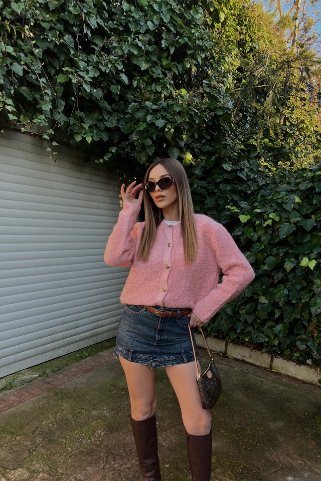 Pembe Düğmeli Yumoş Hırka ATE3937