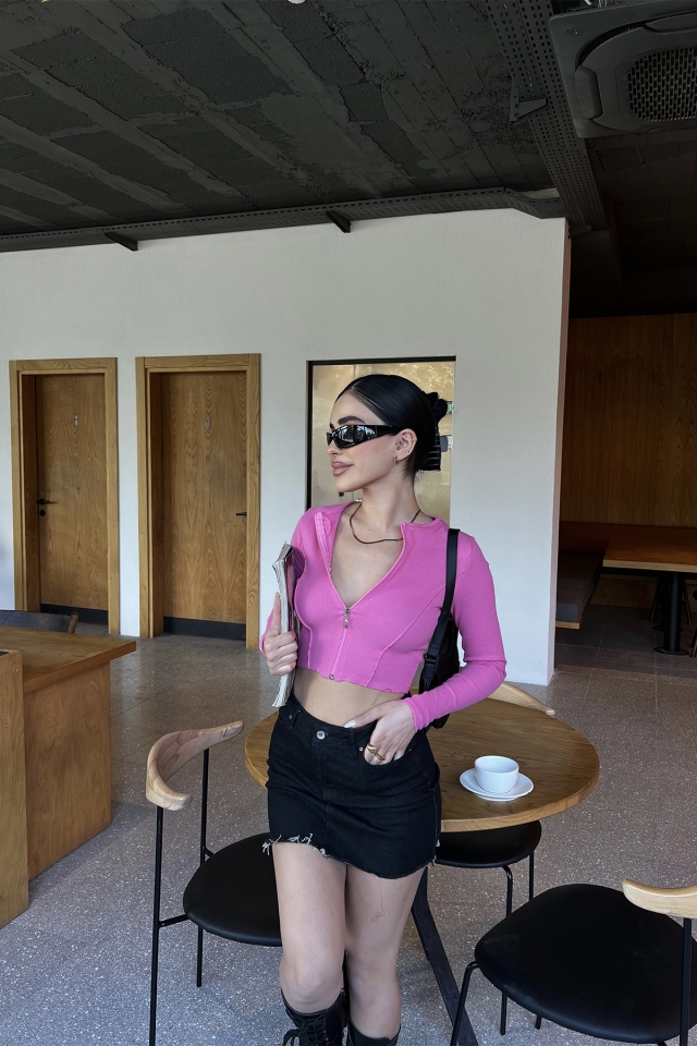 Pembe Fermuar Detay Crop Top ATE3822 - EYYO