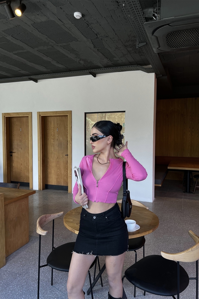 Pembe Fermuar Detay Crop Top ATE3822